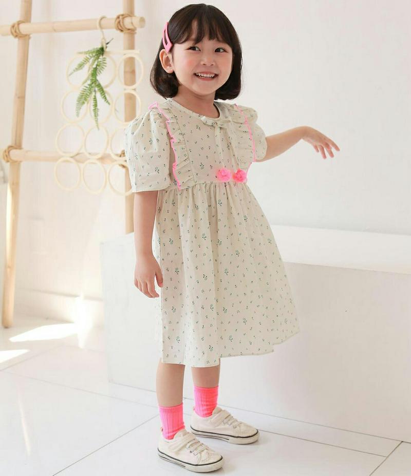【新作10%OFF】ポンポン花柄ワンピース u03652・キッズ 【3~8才】【ops】【韓国 ファッション ワンピース ロング