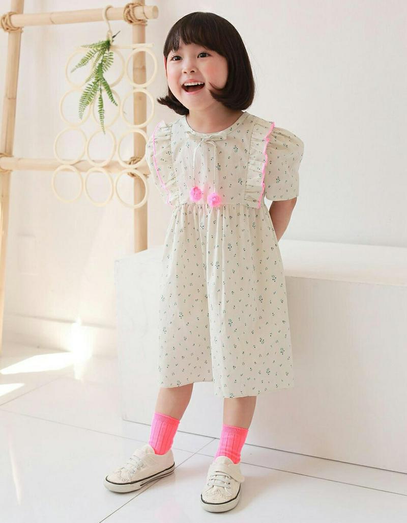 【新作10%OFF】ポンポン花柄ワンピース u03652・キッズ 【3~8才】【ops】【韓国 ファッション ワンピース ロング