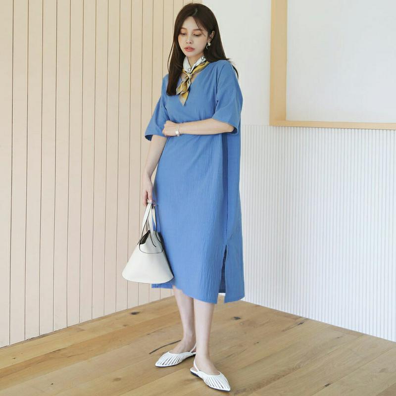 【新作10%OFF】Vネックコットンワンピース・全3色・b62927 レディース【ops】【韓国 ファッション ワンピース ロン