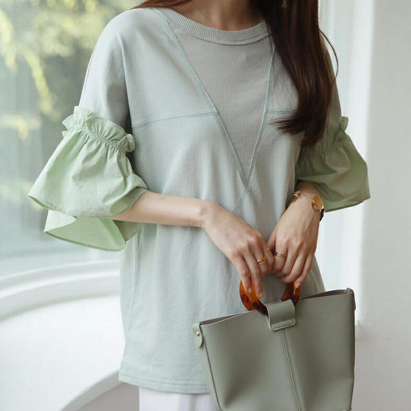 【新作10%OFF】フリルスリーブTシャツ・全3色・b62920 レディース【tops】【韓国 ファッション トップス Tシャツ