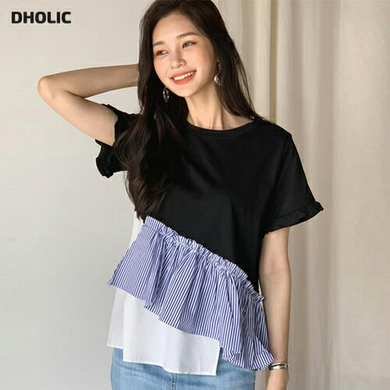 【新作10%OFF】ストライプフリルTシャツ・全2色・b60189 レディース【tops】【韓国 ファッション トップス 半袖 