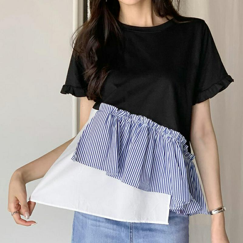 【新作10%OFF】ストライプフリルTシャツ・全2色・b60189 レディース【tops】【韓国 ファッション トップス 半袖 