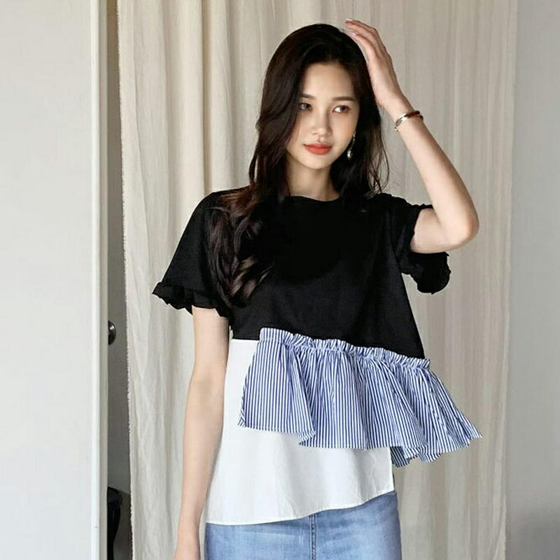 【新作10%OFF】ストライプフリルTシャツ・全2色・b60189 レディース【tops】【韓国 ファッション トップス 半袖 