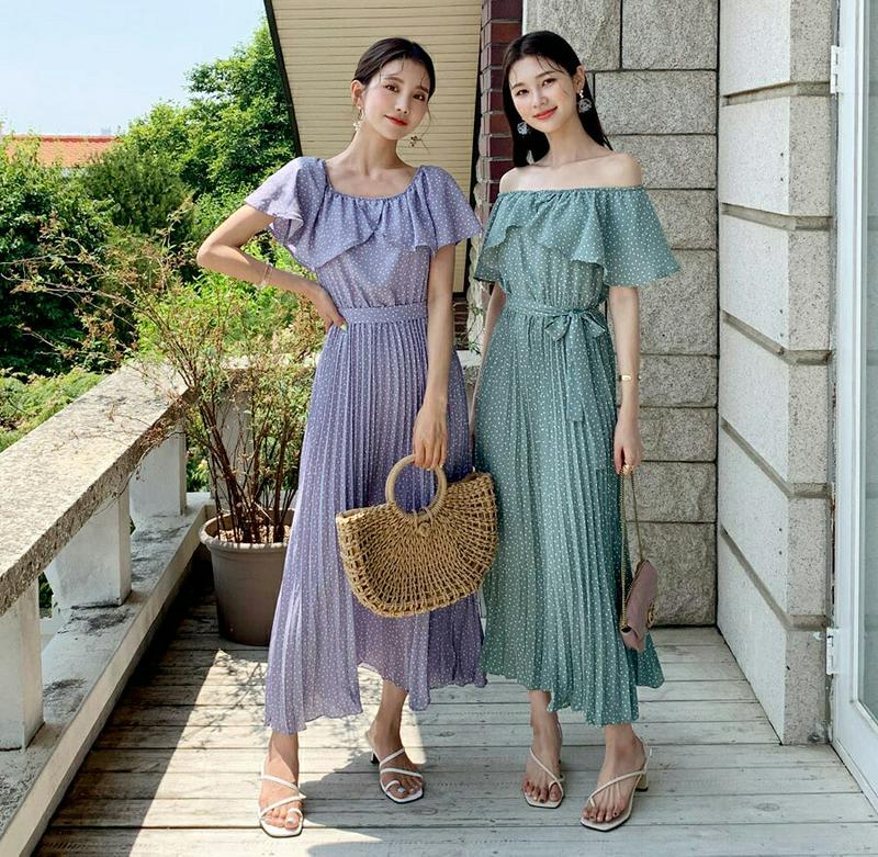 【新作10%OFF】ストラップ付ドットプリーツワンピース・全3色・b60200 レディース【ops】【韓国 ファッション ワンピ