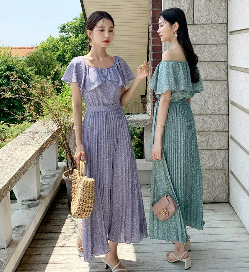 【新作10%OFF】ストラップ付ドットプリーツワンピース・全3色・b60200 レディース【ops】【韓国 ファッション ワンピ