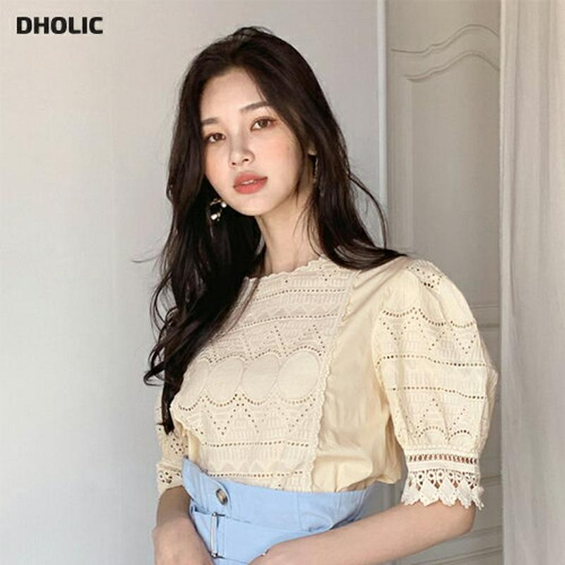 【新作10%OFF】アイレットレースパフブラウス・全2色・t60195 レディース【tops】【韓国 ファッション トップス ブ