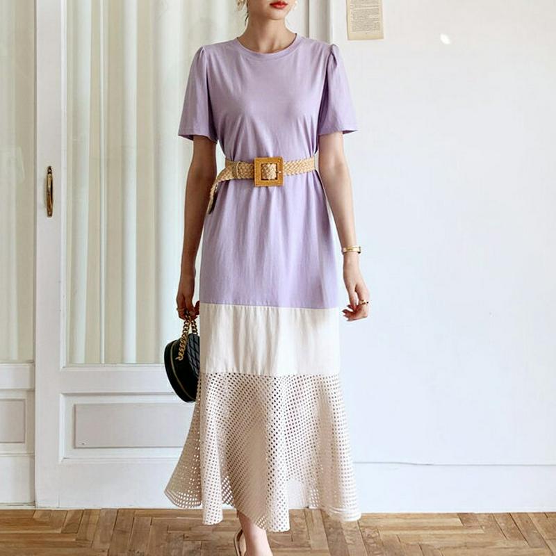 【新作10%OFF】パンチング配色フレアワンピース・全2色・b60199 レディース【ops】【韓国 ファッション ロング ロン