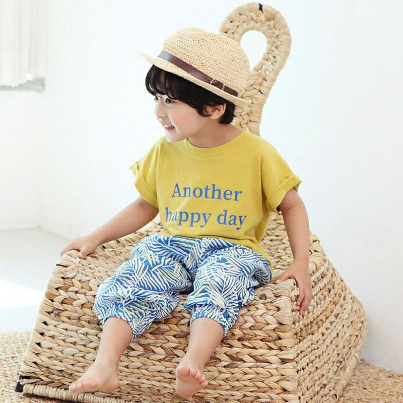 Tシャツ&パームツリー柄パンツSET・p004223・キッズ 【3~8才】【SET】【韓国 ファッション セットアップ Tシャツ ラウンドネック 半袖 ハーフスリーブ パンツ ロング ジョガーパンツ 女の子 男の子 ロゴ 運動 子供 子供服 小学生 ジュニア 夏】【KIDS】