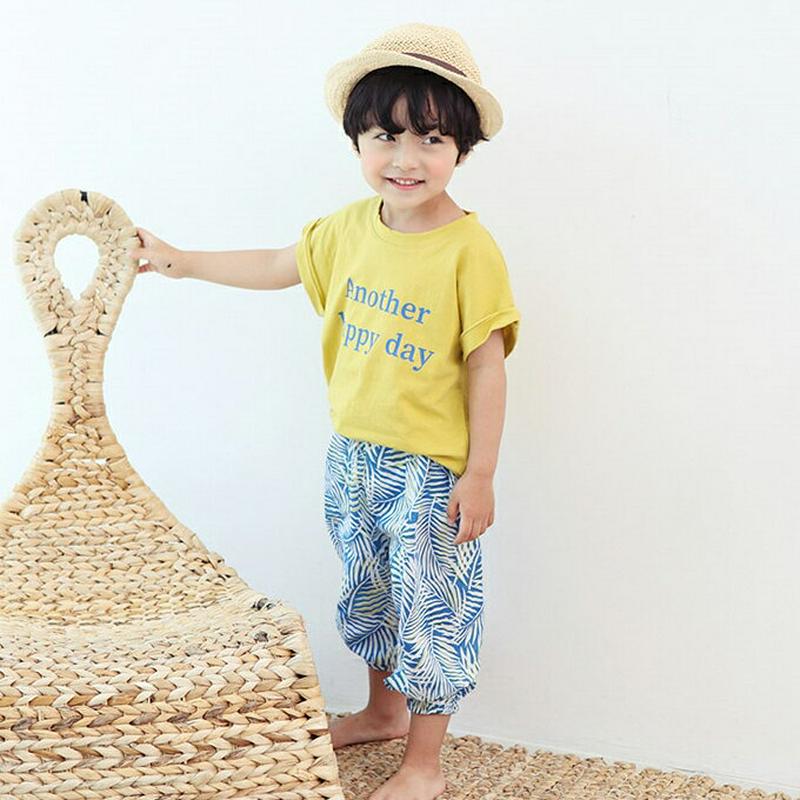 Tシャツ&パームツリー柄パンツSET・p004223・キッズ 【3~8才】【SET】【韓国 ファッション セットアップ Tシャツ ラウンドネック 半袖 ハーフスリーブ パンツ ロング ジョガーパンツ 女の子 男の子 ロゴ 運動 子供 子供服 小学生 ジュニア 夏】【KIDS】