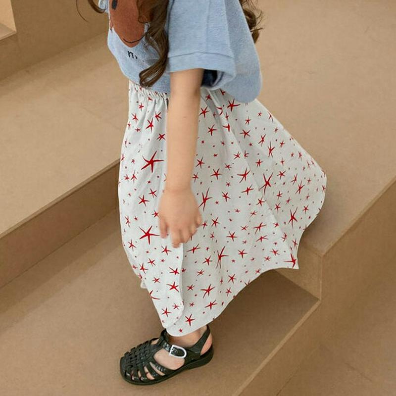 スターパターンラップスカート・u03889・キッズ 【3~8才】【sk】【韓国 ファッション ボトムス スカート ロング マキシ ラップ Aライン フレア 柄 総柄 星 ウエストゴム 女の子 子供 子供服 小学生 ジュニア 夏】【KIDS】
