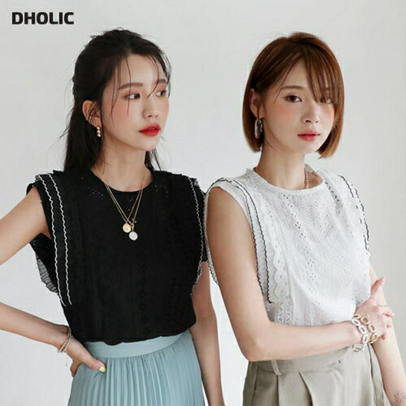 【新作10%OFF】アイレットレースフリルブラウス・全2色・b56403 レディース【tops】【韓国 ファッション トップス 