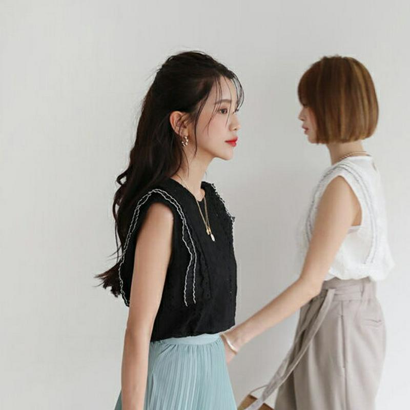 【新作10%OFF】アイレットレースフリルブラウス・全2色・b56403 レディース【tops】【韓国 ファッション トップス 