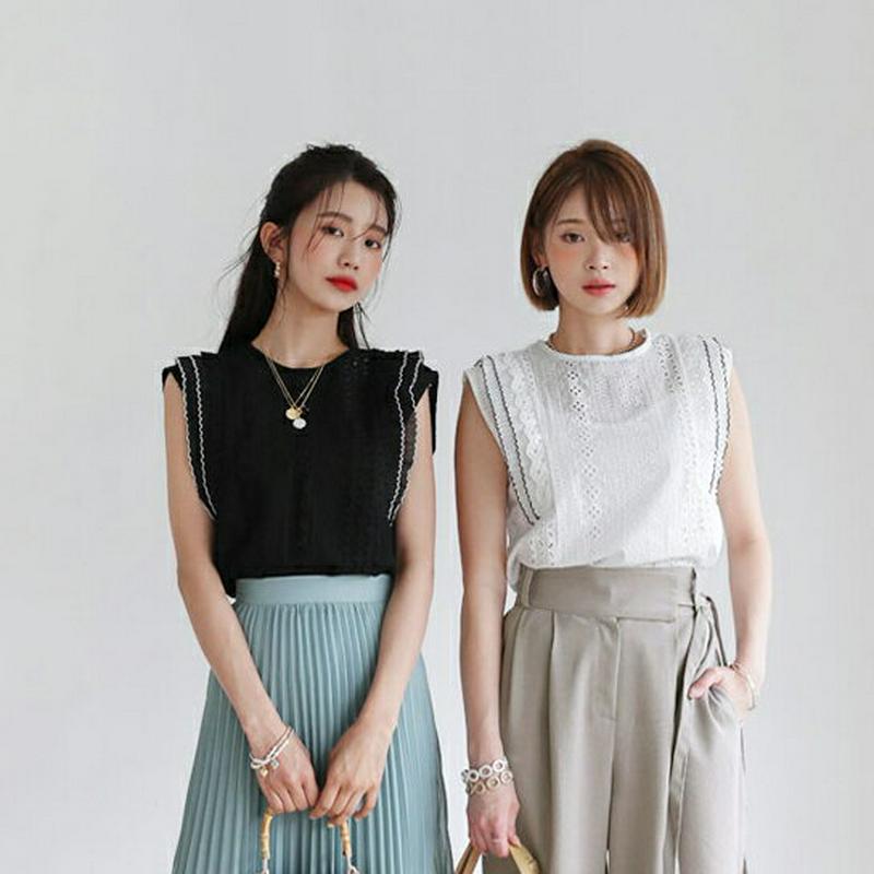 【新作10%OFF】アイレットレースフリルブラウス・全2色・b56403 レディース【tops】【韓国 ファッション トップス 