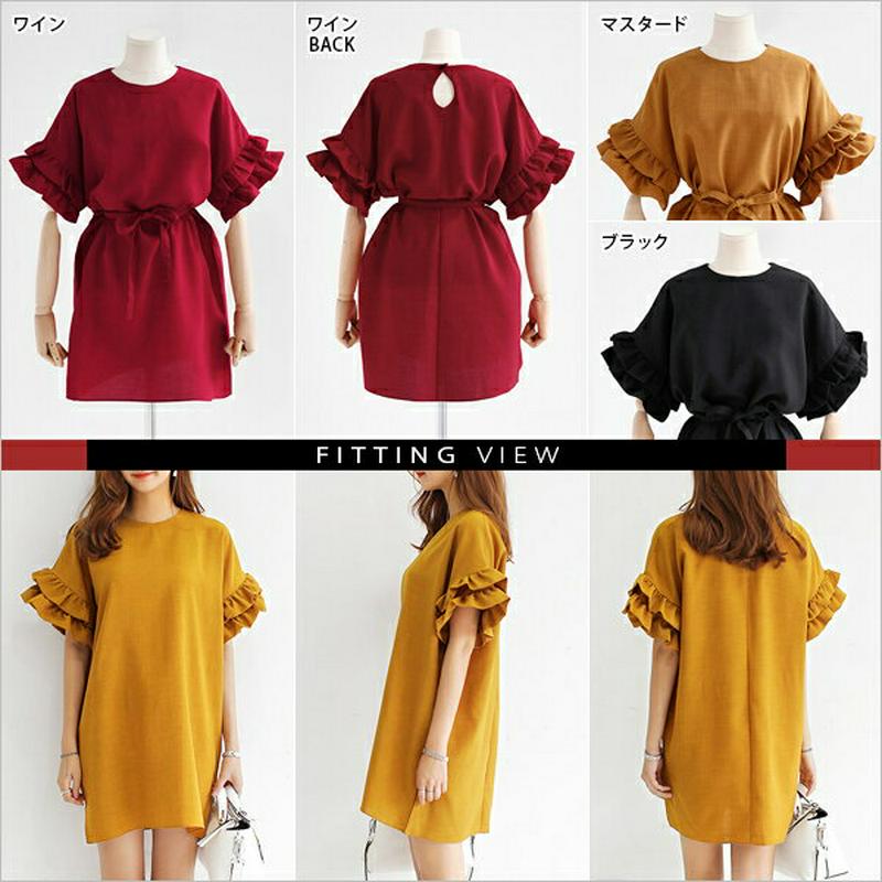≪人気商品再入荷≫ベルトsetフリルスリーブワンピース・全3色 t45169 レディース【ops】 ワンピース ミニワンピース ミニ ショート ラウンドネック フリルスリーブ ハーフスリーブ 半袖 無地 Hライン ウエストマーク きれいめ