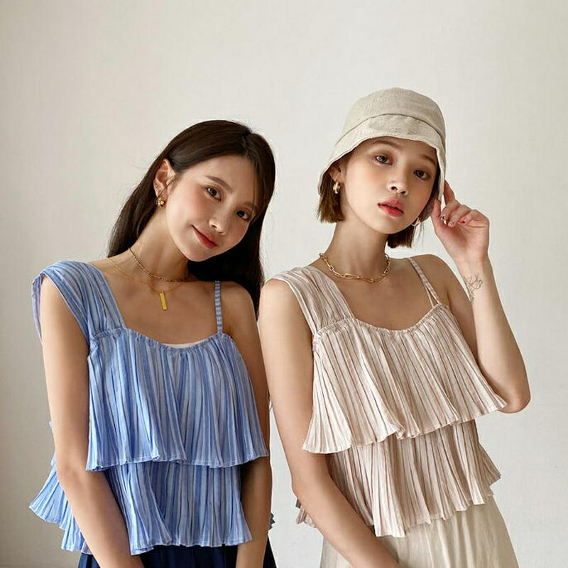 プリーツストライプスリーブレス・全3色・b55983 レディース【tops】【韓国 ファッション トップス スリーブレス ノース