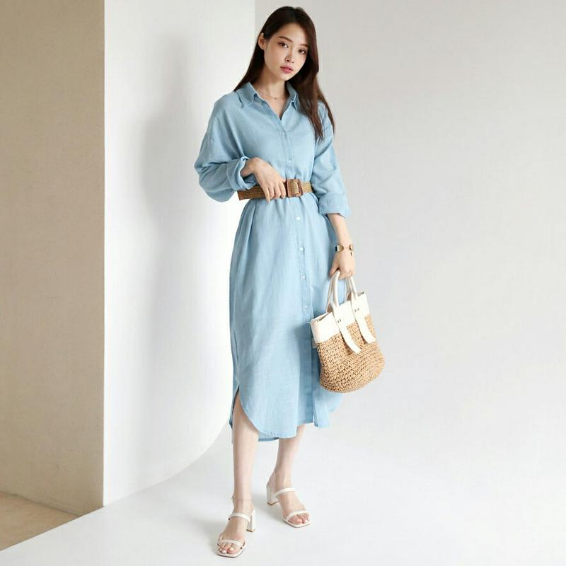 ボタンロングシャツ・全2色・t62883 レディース【bl】【韓国 ファッション トップス シャツ ロング ロングシャツ 単色 