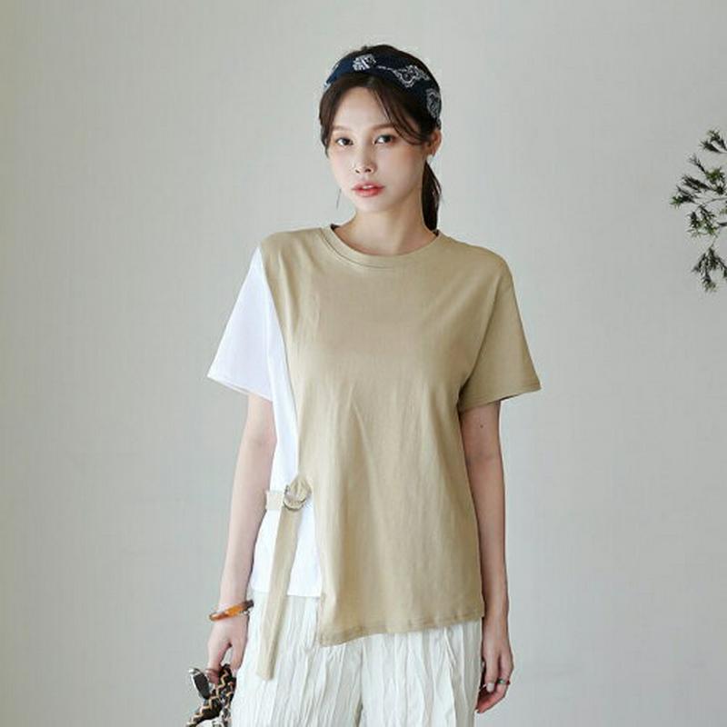 サイドベルト配色Tシャツ・全2色・b62897 レディース【tops】【韓国 ファッション トップス Tシャツ 配色 サイドベル