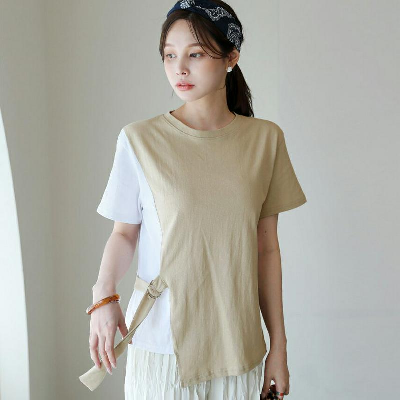 サイドベルト配色Tシャツ・全2色・b62897 レディース【tops】【韓国 ファッション トップス Tシャツ 配色 サイドベル