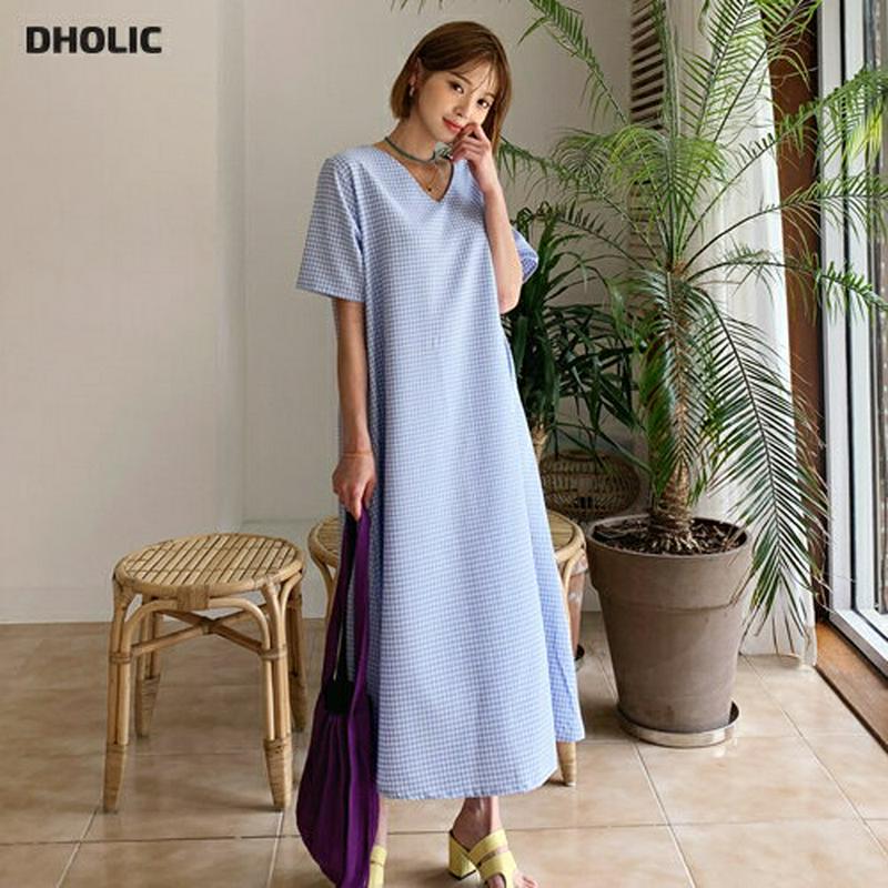 Vネックチェックワンピース・全3色・b56000 レディース【ops】【韓国 ファッション ワンピース ロング ロングワンピース