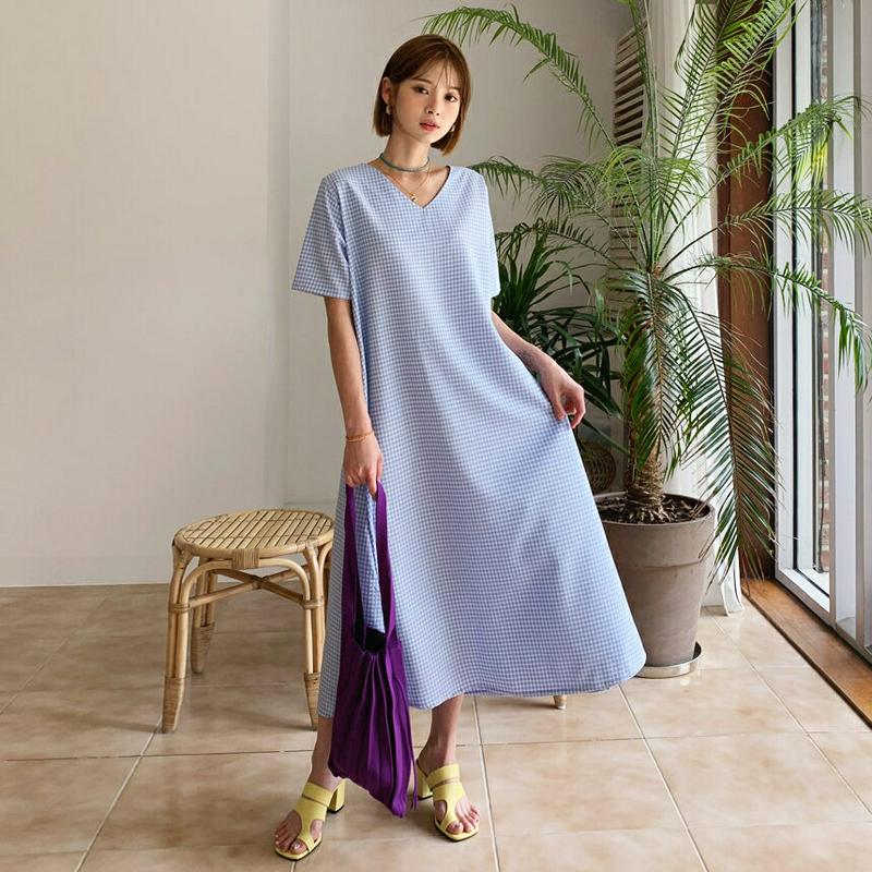 Vネックチェックワンピース・全3色・b56000 レディース【ops】【韓国 ファッション ワンピース ロング ロングワンピース