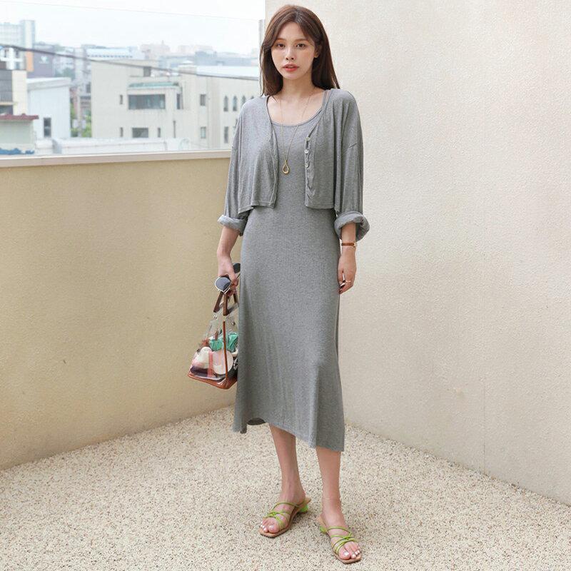 リブカーディガン&ワンピースSET・全2色・t62896 レディース【ops】【韓国 ファッション セット set ワンピース 