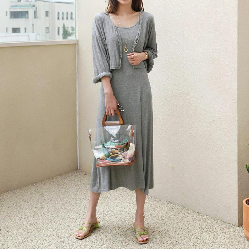 リブカーディガン&ワンピースSET・全2色・t62896 レディース【ops】【韓国 ファッション セット set ワンピース 