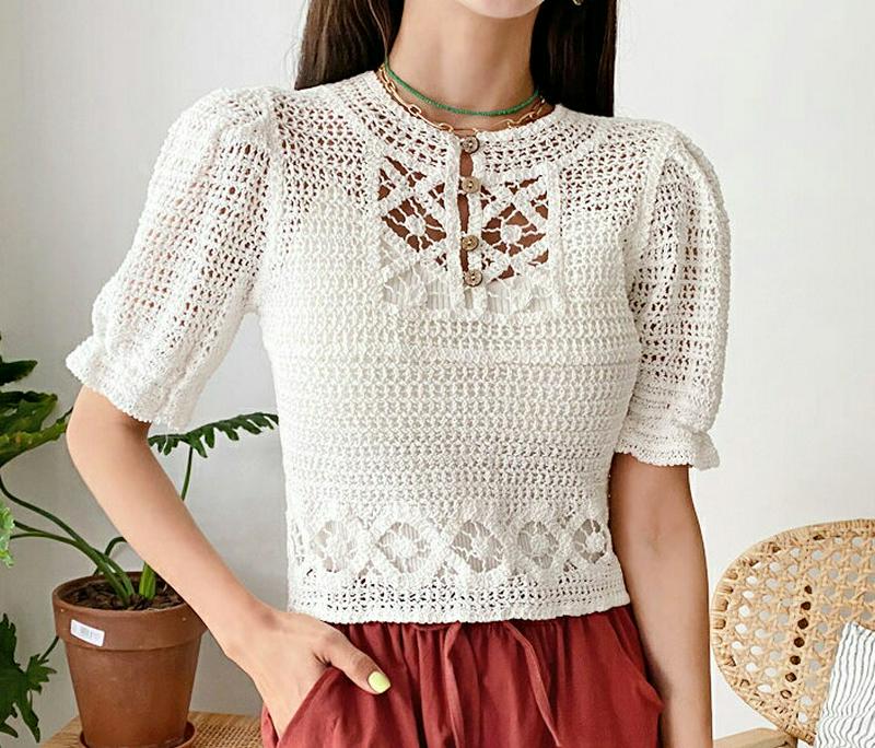 ボタンパフニット・全2色・b55991 レディース【tops】【韓国 ファッション トップス ニット ニットトップス 半袖 ハー