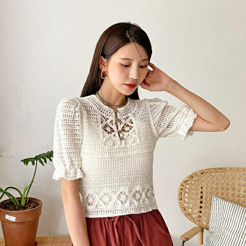 ボタンパフニット・全2色・b55991 レディース【tops】【韓国 ファッション トップス ニット ニットトップス 半袖 ハー