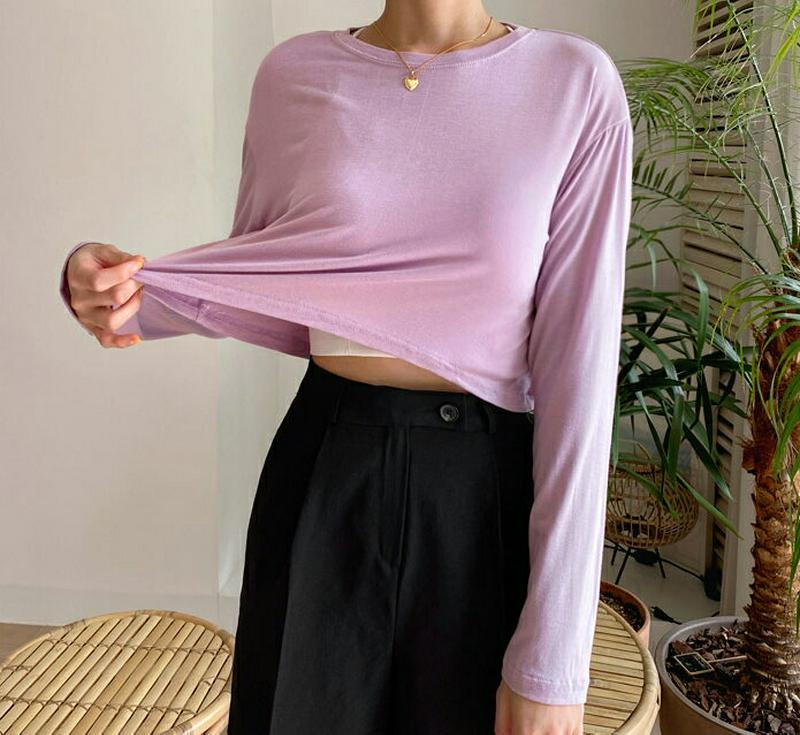 バックスリットクロップドTシャツ・全4色・t55989 レディース【tops】【韓国 ファッション トップス Tシャツ 長袖 ロ