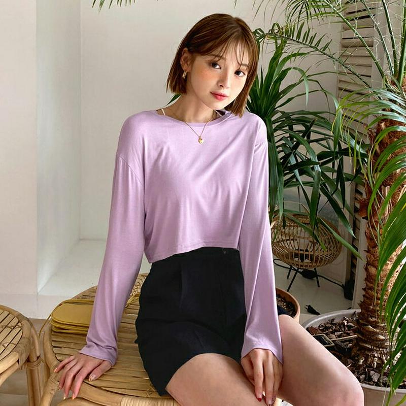 バックスリットクロップドTシャツ・全4色・t55989 レディース【tops】【韓国 ファッション トップス Tシャツ 長袖 ロ