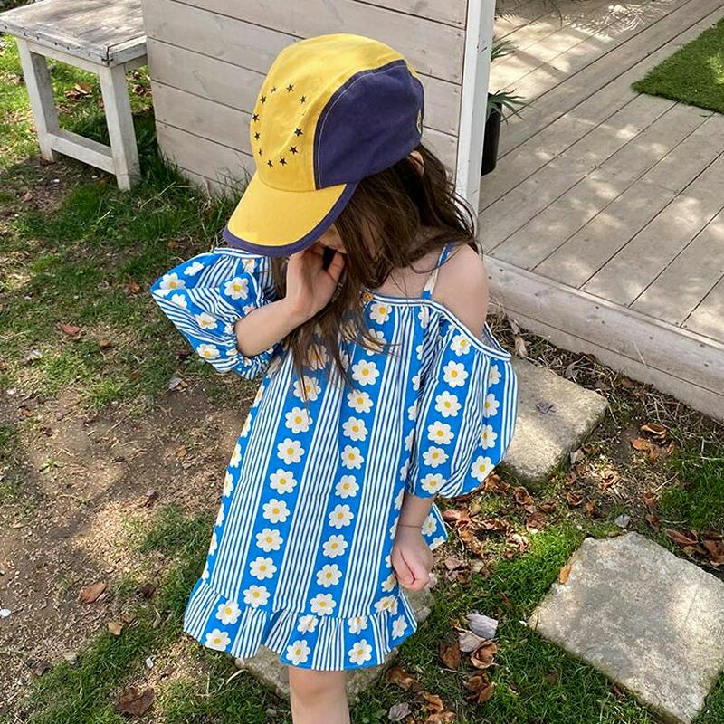 袖ボリュームストライプ花柄ワンピース・u03828 キッズ【3~8才】【ops】【ワンピース ミディ丈 ミディワンピース 半袖 