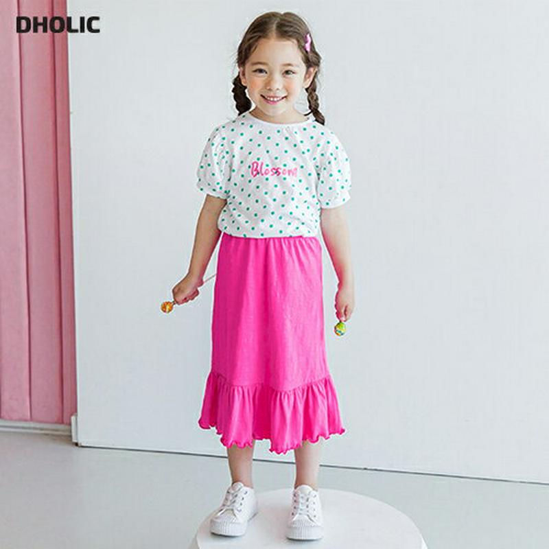 ドットTシャツ&ロングスカートSET(グリーンピンク) p003685・キッズ 【3~8才】【SET】【韓国 ファッション セッ