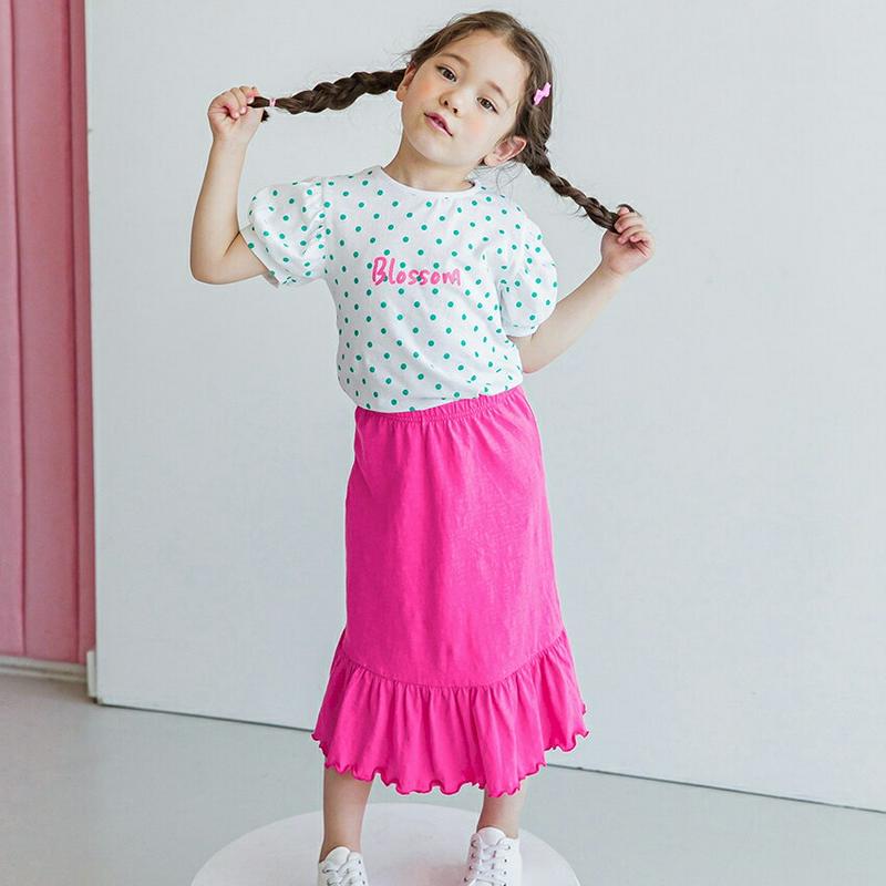 ドットTシャツ&ロングスカートSET(グリーンピンク) p003685・キッズ 【3~8才】【SET】【韓国 ファッション セッ