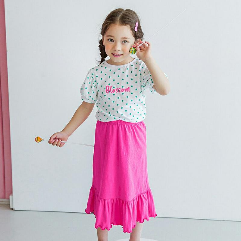 ドットTシャツ&ロングスカートSET(グリーンピンク) p003685・キッズ 【3~8才】【SET】【韓国 ファッション セッ