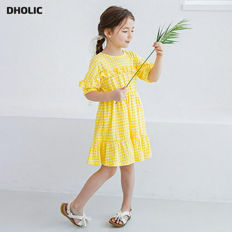 チェックフリルワンピース(イエロー) p003434・キッズ 【3~8才】【ops】【韓国 ファッション ワンピース ロング 膝