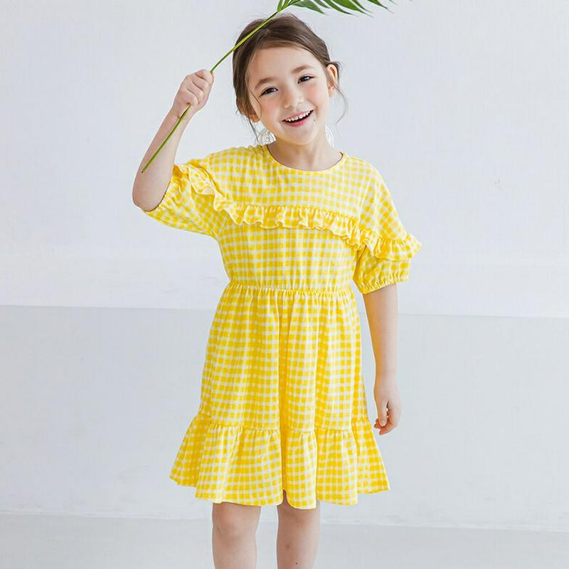 チェックフリルワンピース(イエロー) p003434・キッズ 【3~8才】【ops】【韓国 ファッション ワンピース ロング 膝