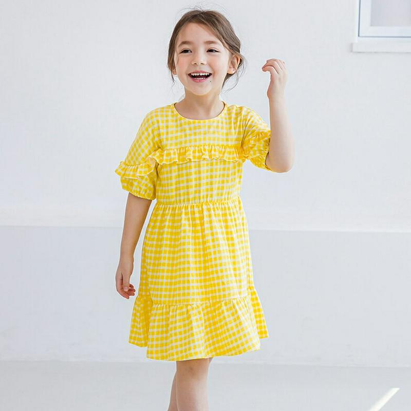 チェックフリルワンピース(イエロー) p003434・キッズ 【3~8才】【ops】【韓国 ファッション ワンピース ロング 膝