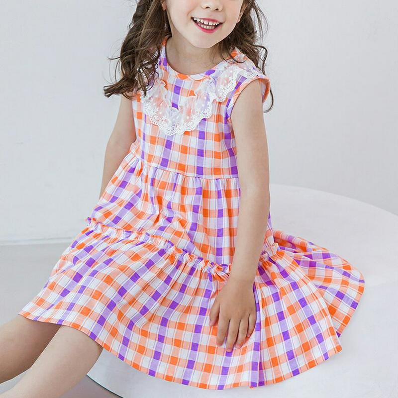 レースチェックスリーブレスワンピース(オレンジ) p003590・キッズ 【3~8才】【ops】【韓国 ファッション ワンピース