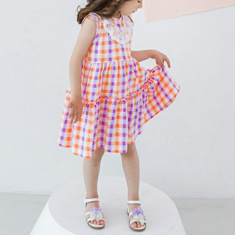 レースチェックスリーブレスワンピース(オレンジ) p003590・キッズ 【3~8才】【ops】【韓国 ファッション ワンピース