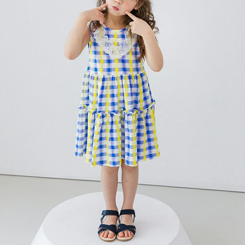 レースチェックスリーブレスワンピース(ブルー) p003592・キッズ 【3~8才】【ops】【韓国 ファッション ワンピース 