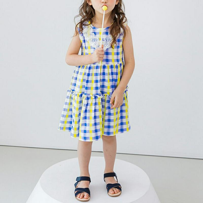 レースチェックスリーブレスワンピース(ブルー) p003592・キッズ 【3~8才】【ops】【韓国 ファッション ワンピース 