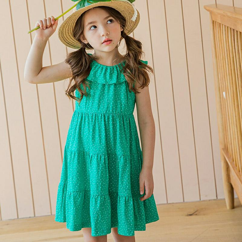 ドットティアードワンピース(グリーン) p003579・キッズ 【3~8才】【ops】【韓国 ファッション ワンピース ロング 