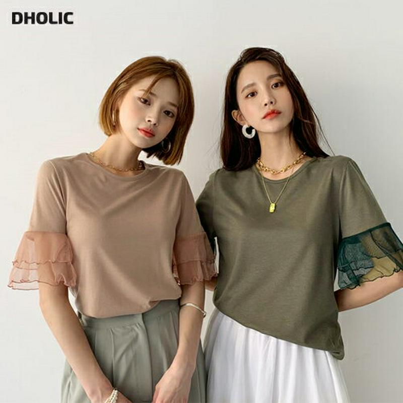 メッシュスリーブTシャツ・全2色・e56398 レディース【tops】【韓国 ファッション　トップス　ラウンドネック　フェミニン　半袖　メッシュ　夏 】