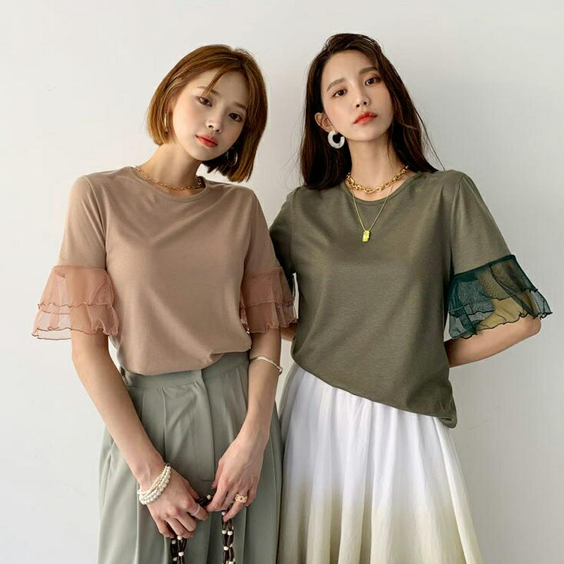 メッシュスリーブTシャツ・全2色・e56398 レディース【tops】【韓国 ファッション　トップス　ラウンドネック　フェミニン　半袖　メッシュ　夏 】