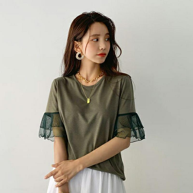 メッシュスリーブTシャツ・全2色・e56398 レディース【tops】【韓国 ファッション　トップス　ラウンドネック　フェミニン　半袖　メッシュ　夏 】