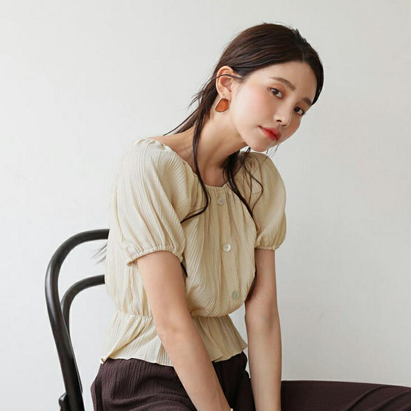 【新作10%OFF】ボタンパフブラウス・全2色・t56408 レディース【bl】【韓国 ファッション トップス ブラウス 半袖 