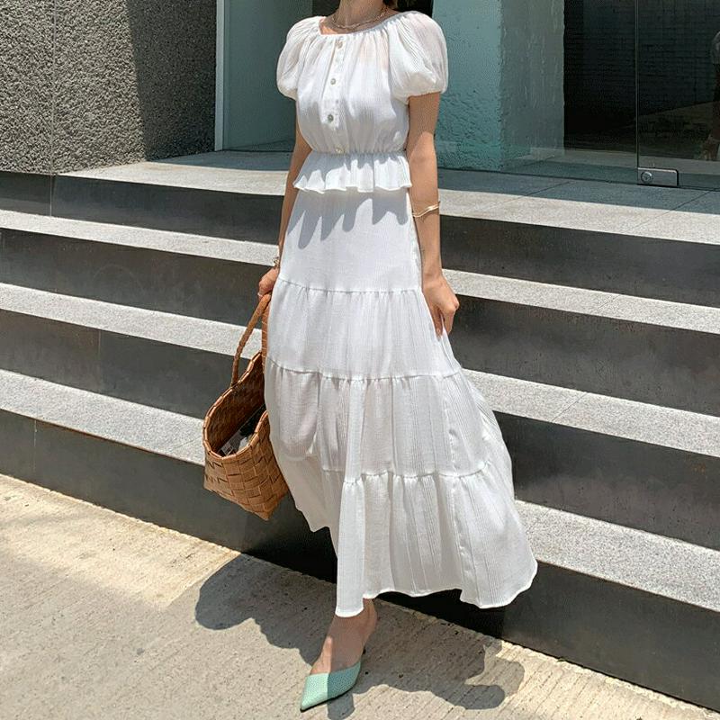 【新作10%OFF】ボタンパフブラウス&ティアードスカートSET・全2色・t56409 レディース【ops】【韓国 ファッション