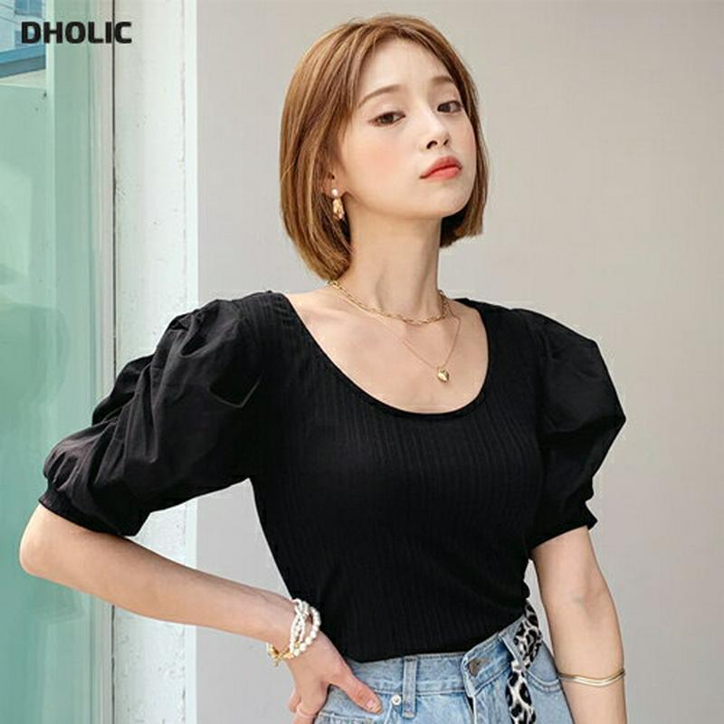 【新作10%OFF】UネックパフリブTシャツ・全4色・t56410 レディース【tops】【韓国 ファッション トップス Tシャ