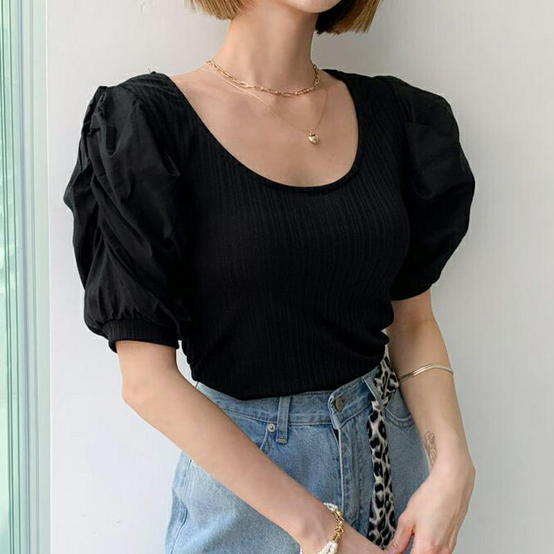 【新作10%OFF】UネックパフリブTシャツ・全4色・t56410 レディース【tops】【韓国 ファッション トップス Tシャ