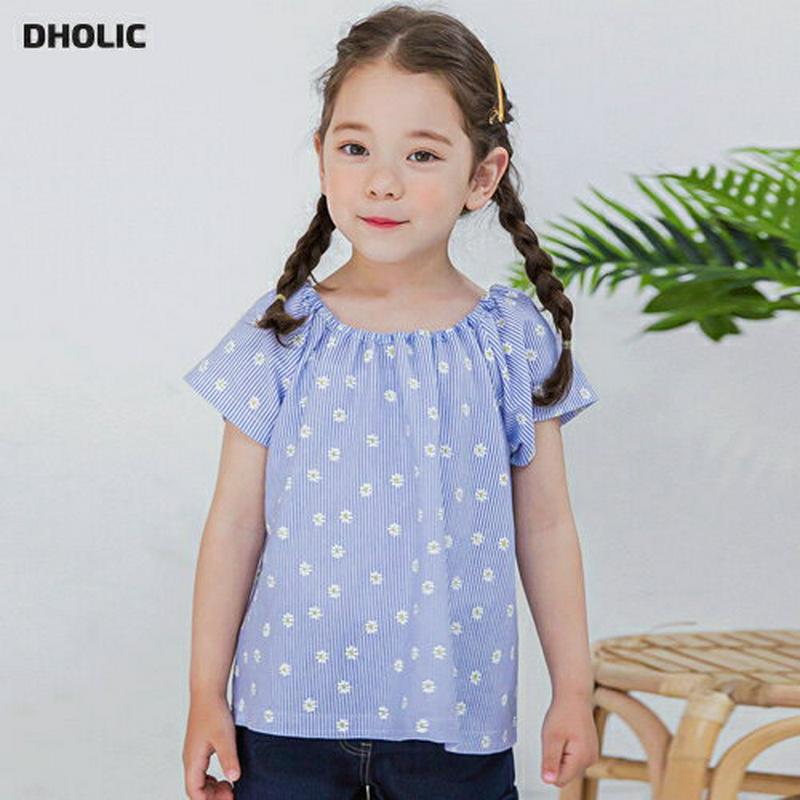 【新作10%OFF】花柄ストライプゴムネックTシャツ(ブルー)・p003863 キッズ【3~8才】【tops】【トップス Tシャ